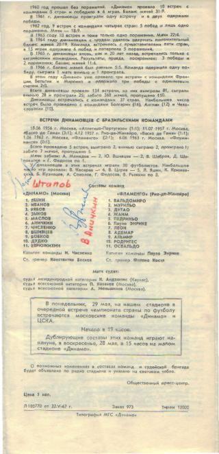 ДИНАМО(Москва-Фламенго( БРАЗИЛИЯ) -25.5.1967(МТМ) с Автографами 1