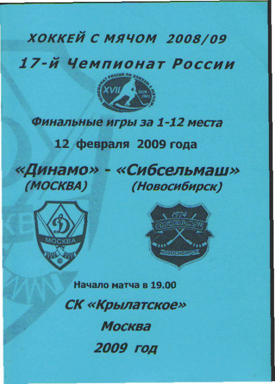 Хоккей мяч: Динамо(Москва)-Сибсельмаш (Новосибирск)-12.2.2009