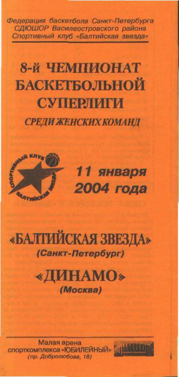 Баскетболж: Балтийские Звeзды(СПБ)-ДИНАМО (Москва)-1 1.1. 2004