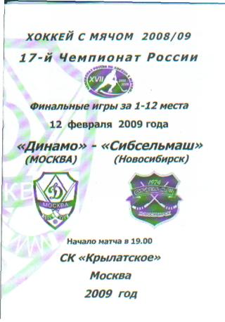 Хоккей мяч: Динамо(Москва)-Сибсельмаш (Новосибирск)-12.2.2009 белая