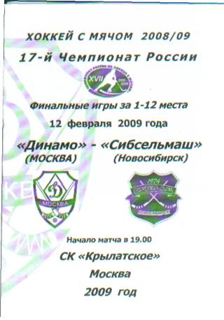 Хоккей мяч: Динамо(Москва)-Сибсельмаш( Новосибирск)-12.2.2009 белая