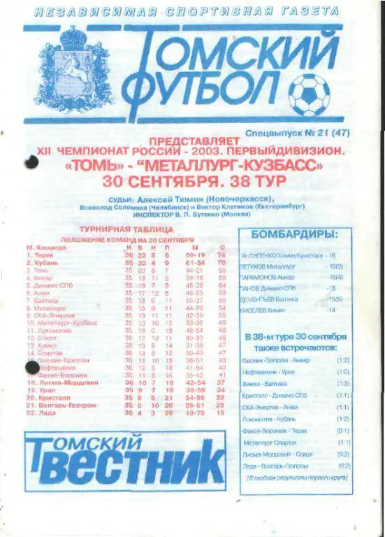 ТОМСК-Металлург-Кузбасс(Новокузнецк)-30.9.2003