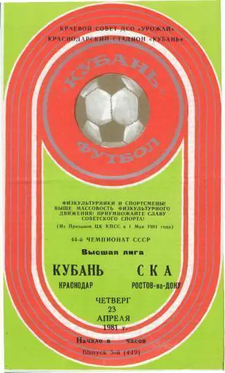 Кубань(КРАСНОДАР)-СКА(Ростов)-23 .4.1981