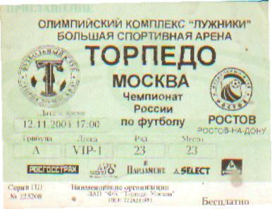 Билет: Торпедо(Москва)-ФК.РОСТОВ-12 .11.2004