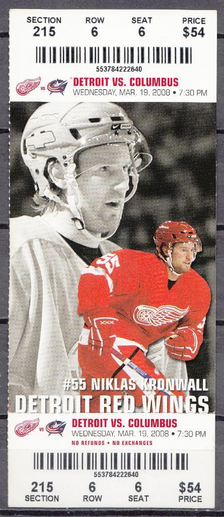 Билеты Хоккей 2008 NHL DETROIT vs COLUMBUS Niklas Kronwall № 55