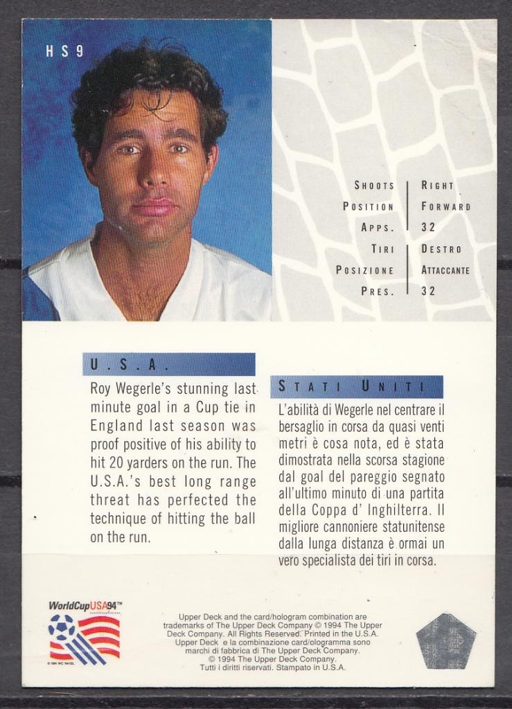 Карточки футбол 1994 ЧМ США Горячие головы (hot shots) уголок подмят 1