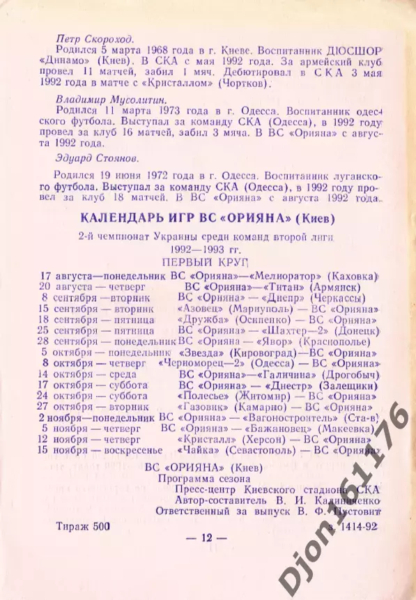 «ВС «Орияна» Киев. Вторая лига. Программа сезона 2-й чемпионат Украины 1992-1993 1