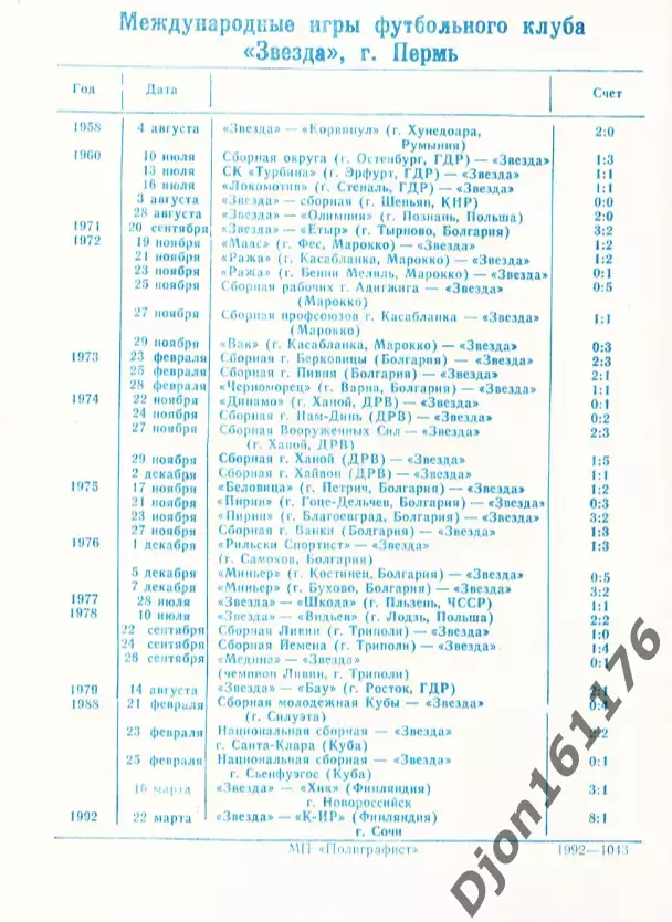 «Календарь игр футбольного клуба «Звезда» на 1992 год». Пермь. 1