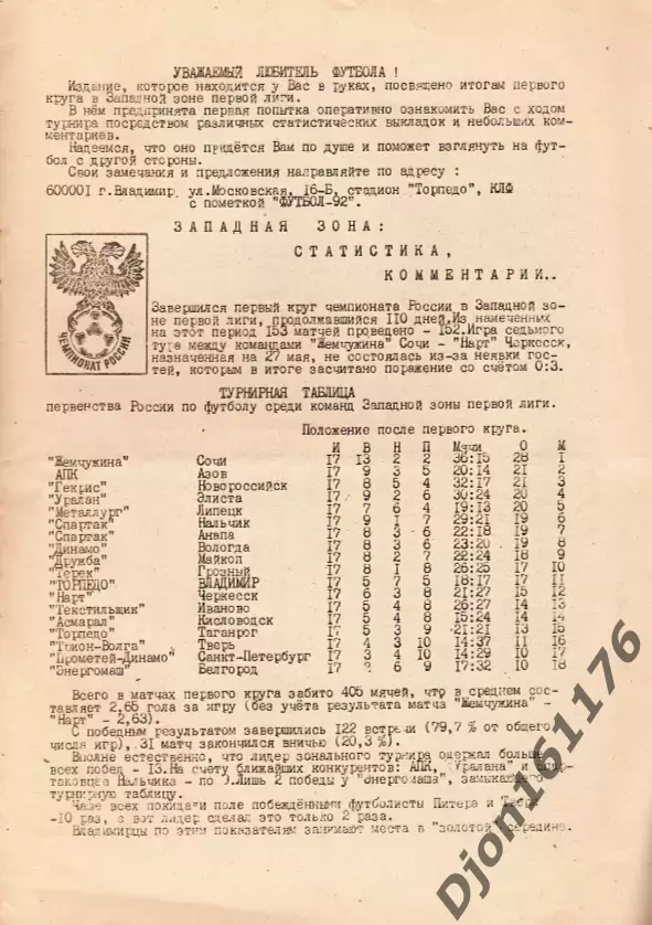 «Футбол. Первенство России. Первая лига, Западная зона. Итоги первого круга». 1
