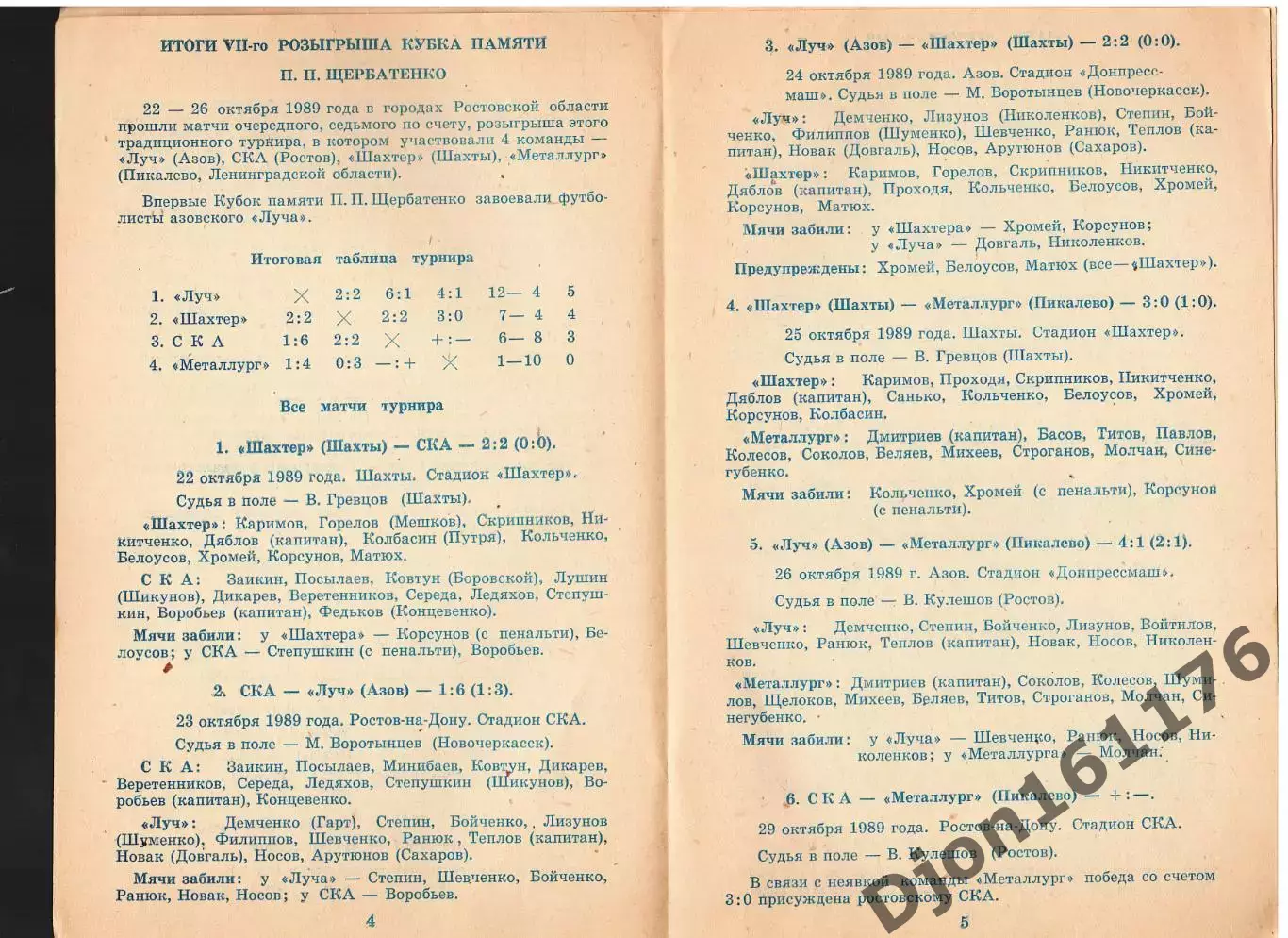 «Программа. Турнир памяти П.П.Щербатенко. 15-18 января 1990 года». 1