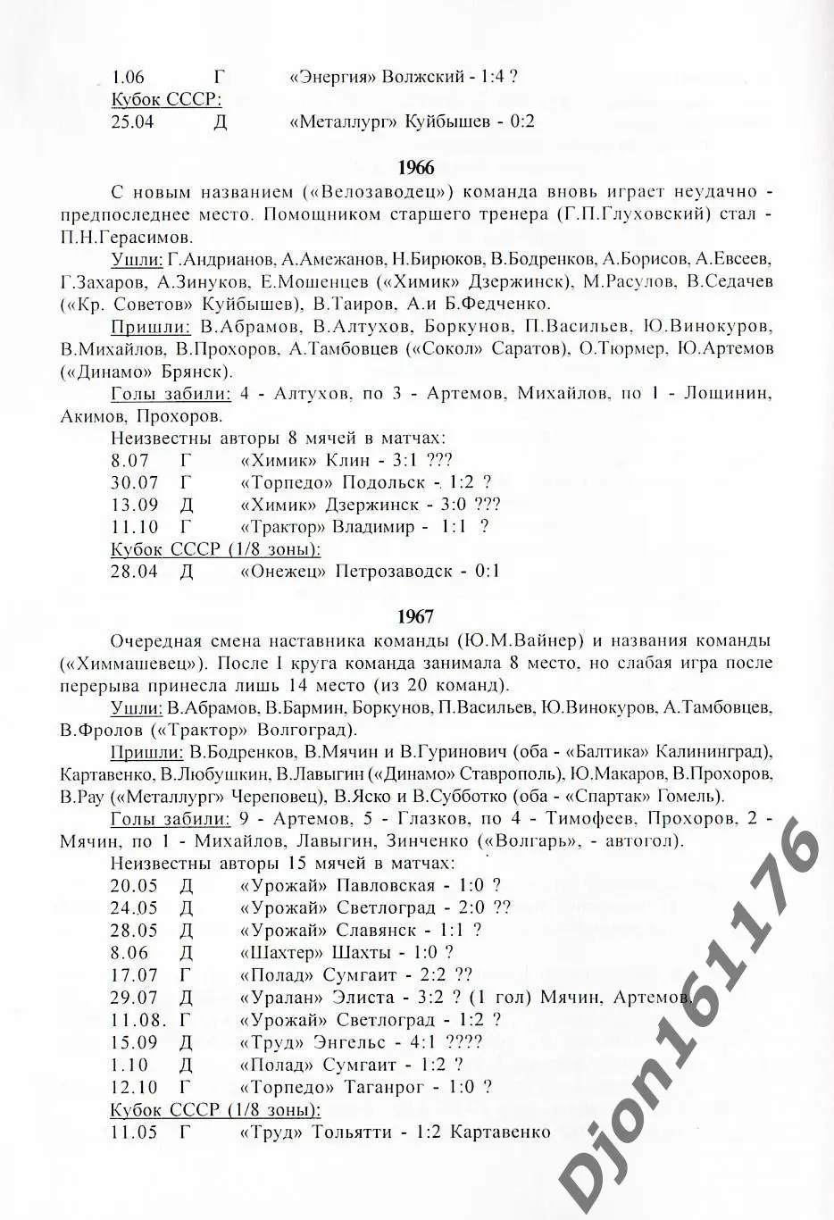 «Пенза. «Заря» 1960-1963. «Труд» 1964-1965. «Велозаводец» 1966. «Химммашевец» 2