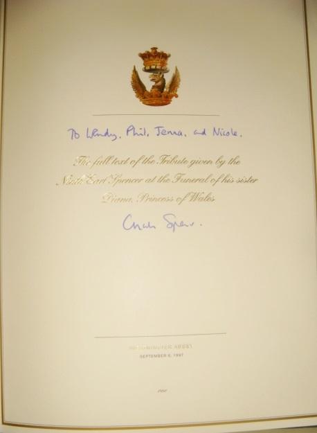 Автограф графа Спенсера на книге памяти Принцессы Дианы 1997 год 2