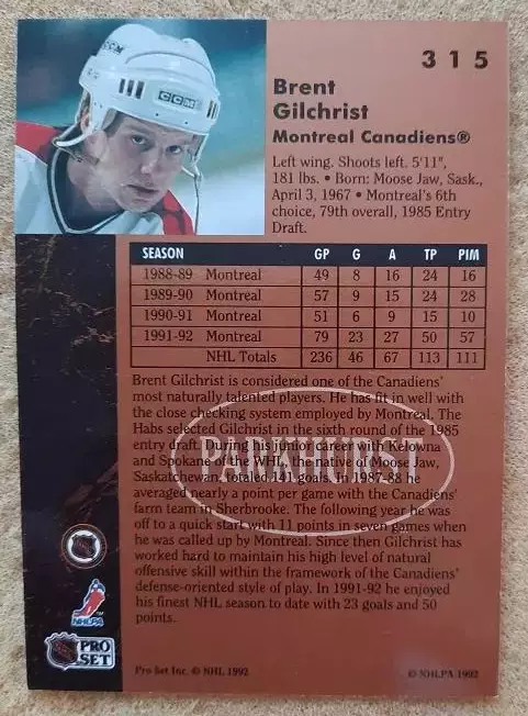 НХЛ Брент Гилхрист Монреаль Канадиенс № 315 1