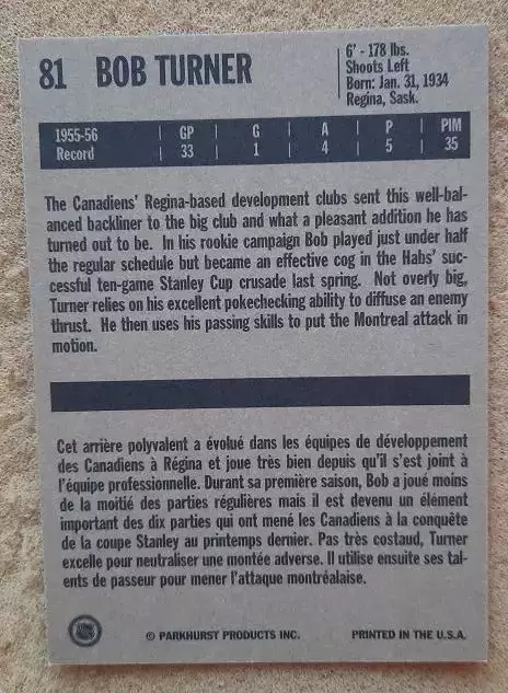 НХЛ Боб Тёрнер Монреаль Канадиенс № 81 1