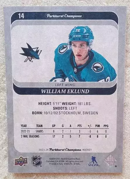 НХЛ Виллиам Эклунд Сан-Хосе Шаркс № 14 1