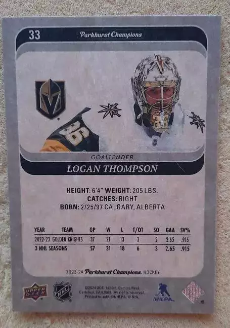 НХЛ Логан Томпсон Вегас Голден Найтс № 33 1