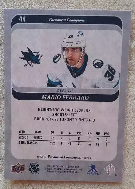 НХЛ Марио Ферраро Сан-Хосе Шаркс № 44 1