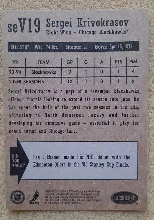 НХЛ Сергей Кривокрасов Чикаго Блэкхокс ЦСКА Динамо Москва Амур Авангард № seV 19 1