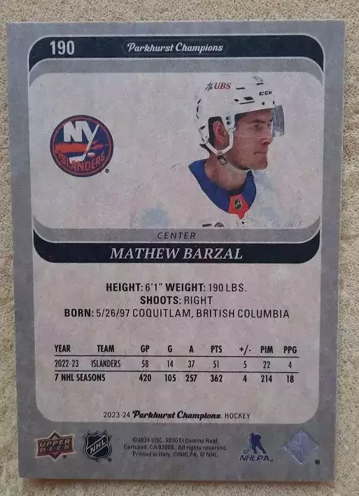 НХЛ Мэтью Барзал Нью-Йорк Айлендерс № 190 1