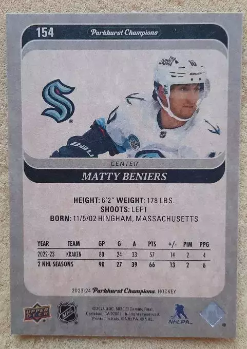 НХЛ Мэтти Бенирс Сиэтл Кракен № 154 1