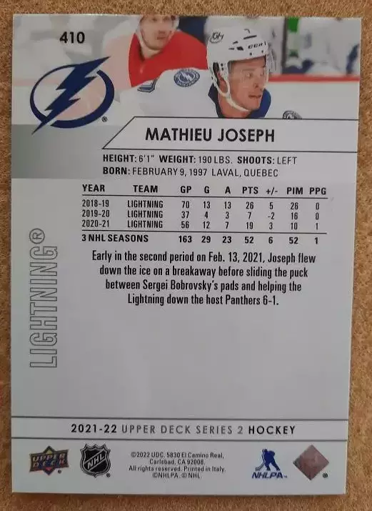 НХЛ Матьё Жозеф Тампа Бэй Лайтнинг № 410 1