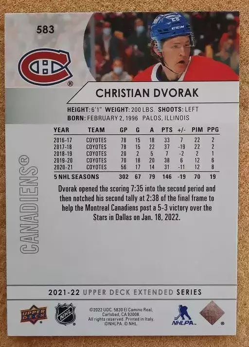 НХЛ Кристиан Дворак Монреаль Канадиенс № 583 1