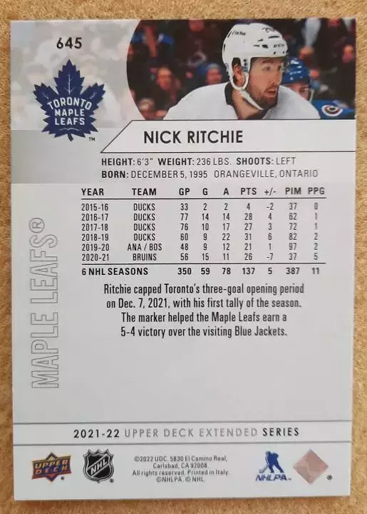 НХЛ Николас Ричи Торонто Мэйпл Лифс № 645 1