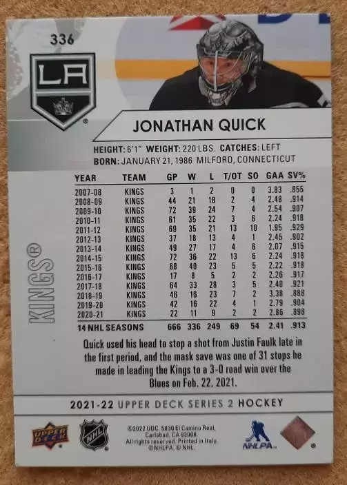 НХЛ Джонатан Куик Лос-Анжелес Кингз № 336 1