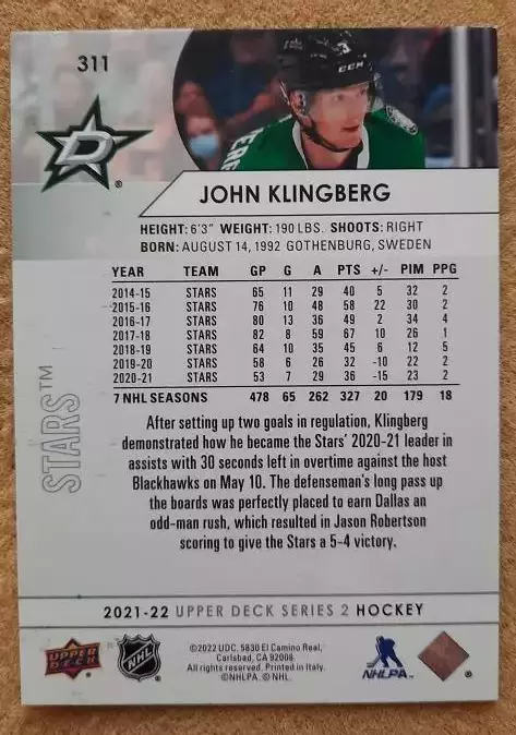 НХЛ Джон Клингберг Даллас Старз № 311 1