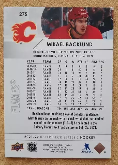 НХЛ Микаэль Баклунд Калгари Флэймз № 275 1