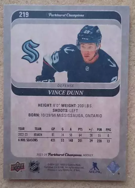 НХЛ Винс Данн Сиэтл Кракен № 219 1