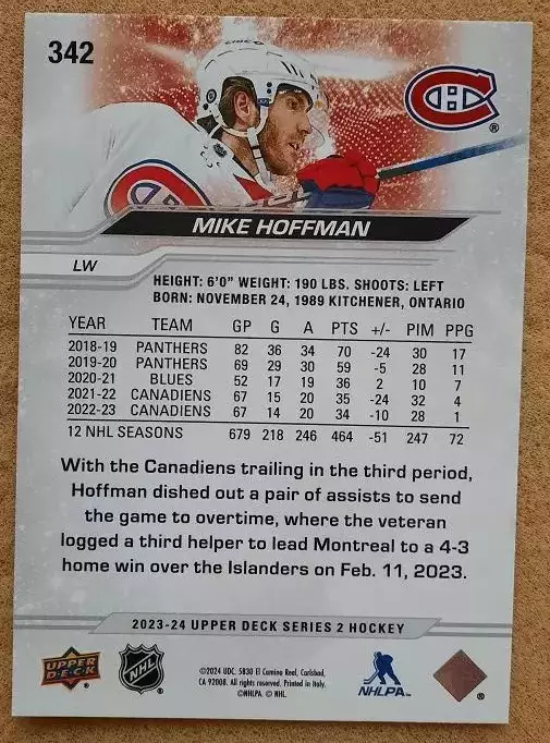 НХЛ Майк Хоффман Монреаль Канадиенс № 342 1