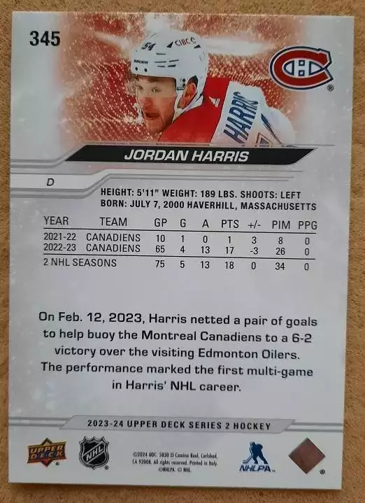 НХЛ Джордан Харрис Монреаль Канадиенс № 345 1