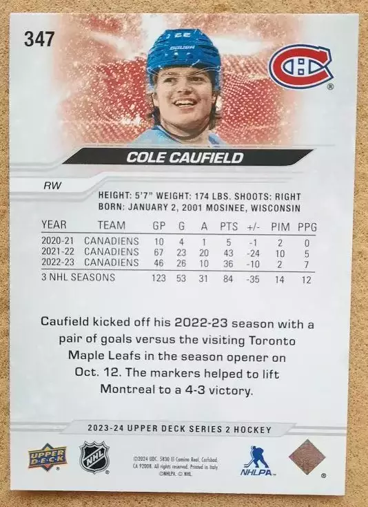 НХЛ Коул Кофилд Монреаль Канадиенс № 347 1
