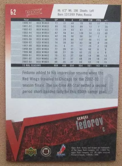 НХЛ Сергей Федоров Детройт Ред Уингз Динамо Минск ЦСКА Москва Магнитогорск № 62 1