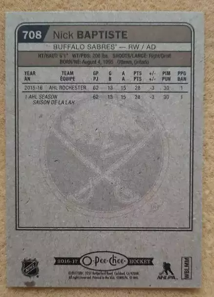 НХЛ Николас Баптист Баффало Сейбрз Витязь Московская область № 708 1