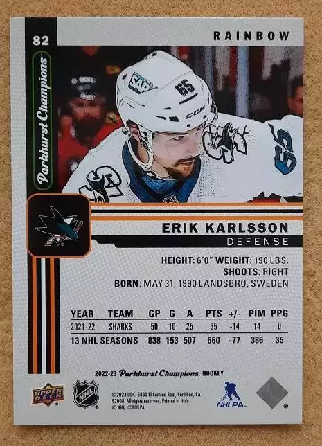 НХЛ Эрик Карлссон Сан-Хосе Шаркс № 82 рейн 1