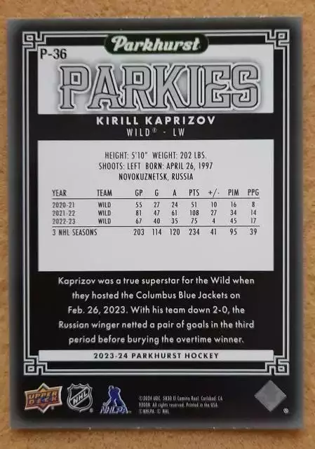 НХЛ Кирилл Капризов Миннесота Уайлд Новокузнецк Уфа ЦСКА Москва № P - 36 1