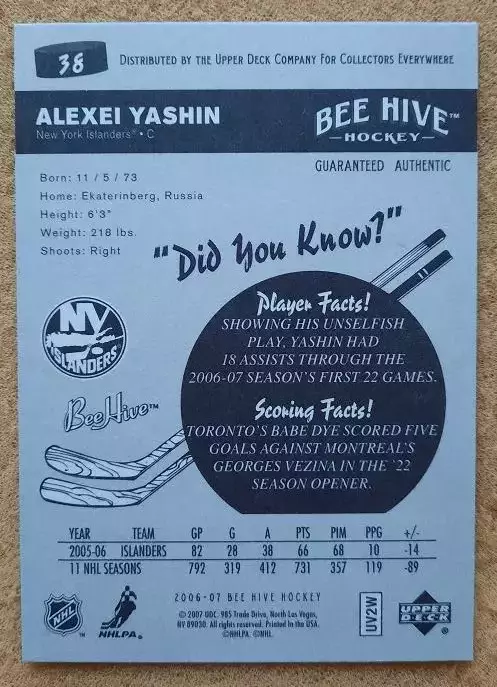 НХЛ Алексей Яшин Нью-Йорк Айлендерс Свердловск Динамо Москва № 38 1