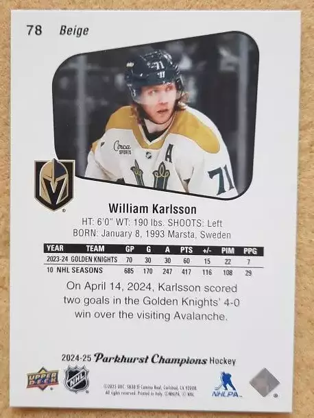 НХЛ Вильям Карлссон Вегас Голден Найтс № 78 1