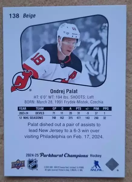 НХЛ Ондржей Палат Нью-Джерси Дэвилз № 138 1