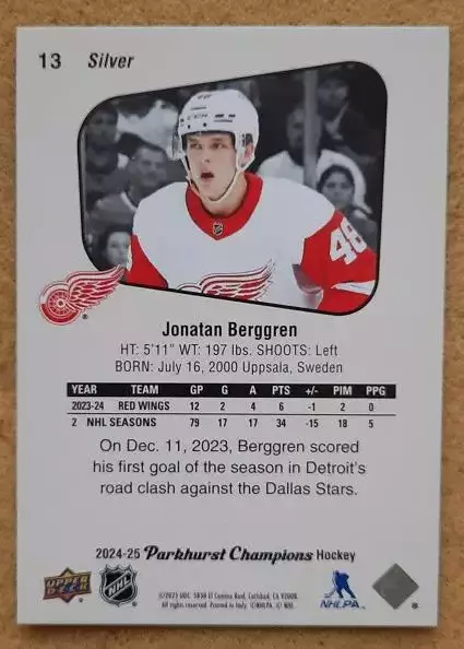 НХЛ Джонатан Берггрен Детройт Ред Уингз № 13 сильвер 1