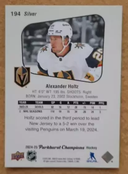 НХЛ Александр Хольц Вегас Голден Найтс № 194 сильвер 1