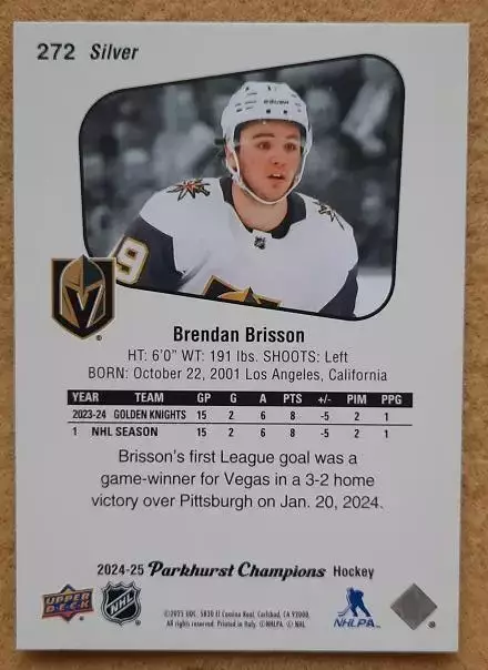 НХЛ Брендан Бриссон Вегас Голден Найтс № 272 сильвер 1