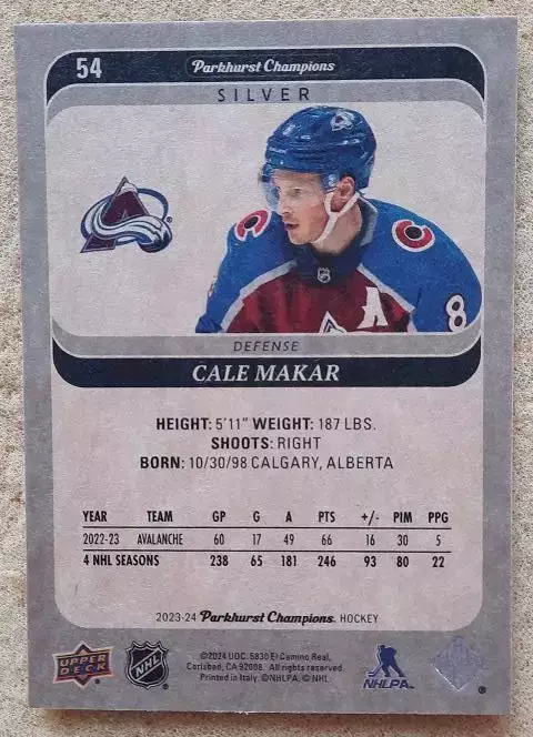 НХЛ Кейл Макар Колорадо Эвеланш № 54 сильвер 1