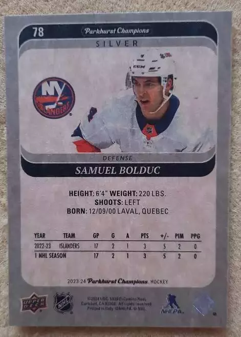 НХЛ Самуэль Болдук Нью-Йорк Айлендерс № 78 сильвер 1
