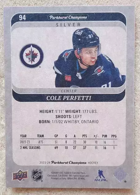 НХЛ Коул Перфетти Виннипег Джетс № 94 сильвер 1