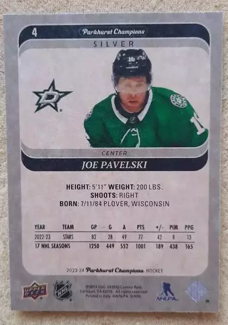 НХЛ Джо Павелски Даллас Старз № 4 сильвер 1