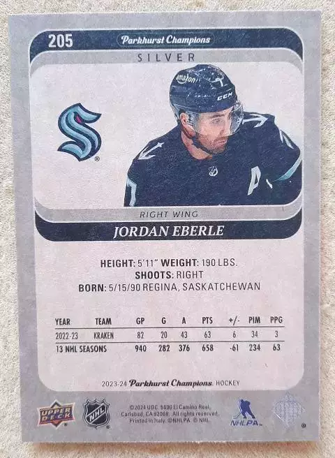 НХЛ Джордан Эберле Сиэтл Кракен № 205 сильвер 1