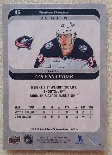 НХЛ Коул Силлинджер Коламбус Блю Джекетс № 46 рейн 1